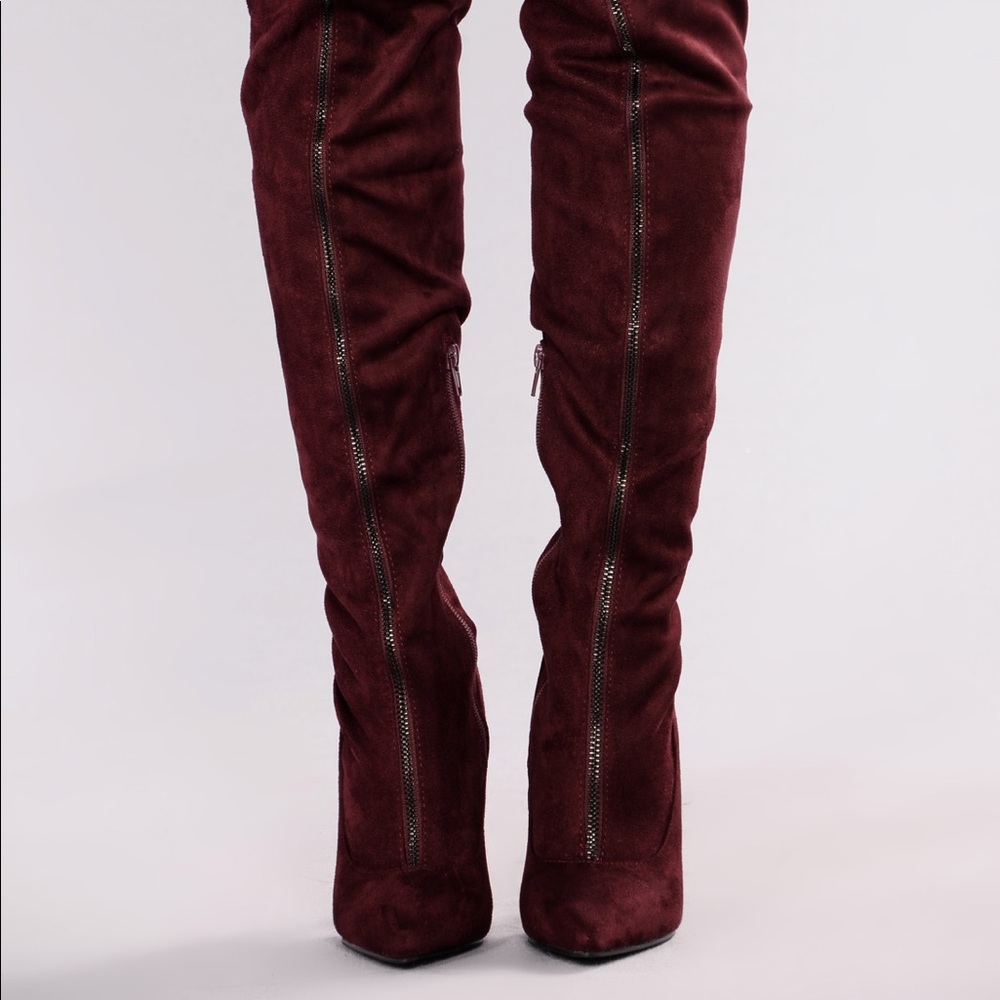 Plum thigh high boots
